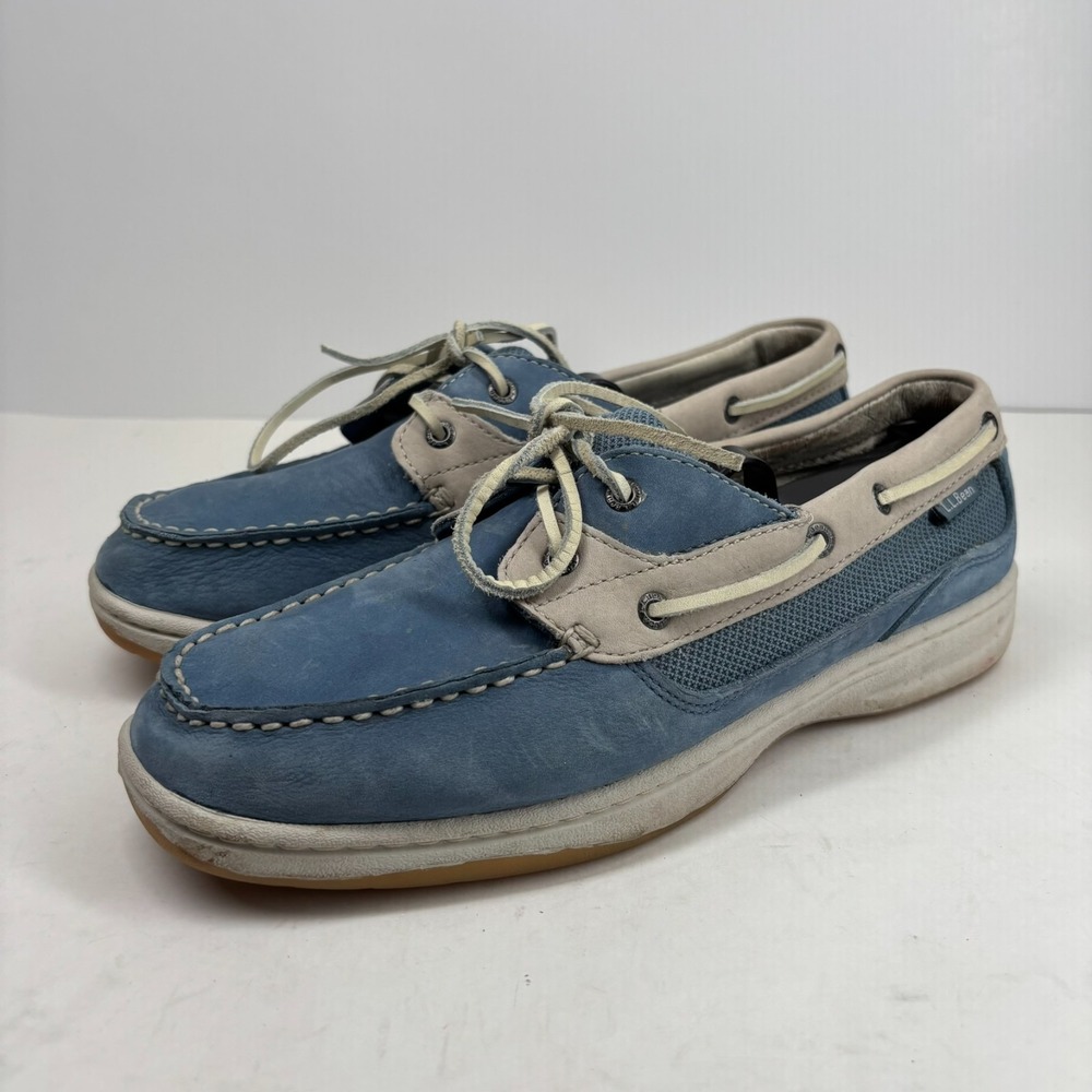 L.L.Bean Women's US 9.5M Blue Leather Moc Toe Boat Deck‎ Shoes Casual Loafers
